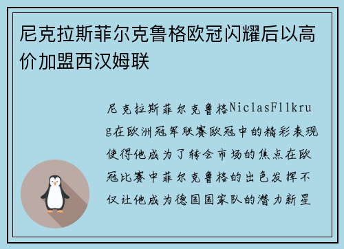 尼克拉斯菲尔克鲁格欧冠闪耀后以高价加盟西汉姆联