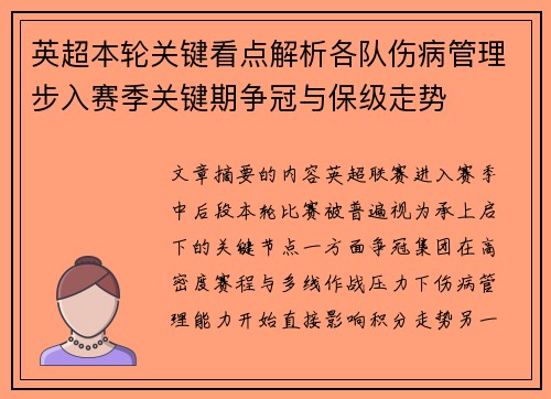 英超本轮关键看点解析各队伤病管理步入赛季关键期争冠与保级走势