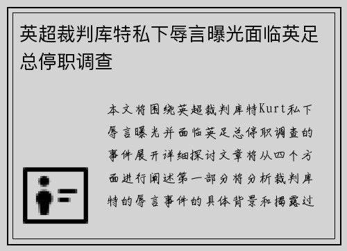 英超裁判库特私下辱言曝光面临英足总停职调查