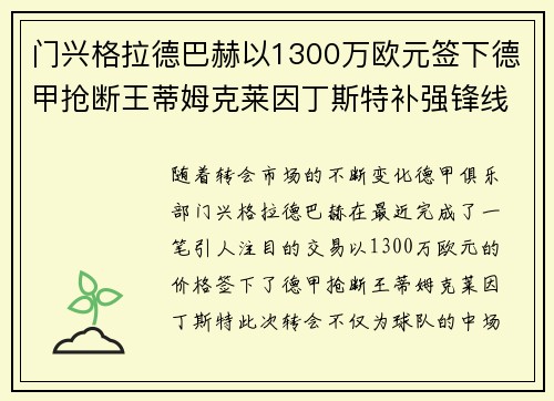 门兴格拉德巴赫以1300万欧元签下德甲抢断王蒂姆克莱因丁斯特补强锋线